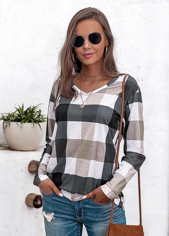 Long Sleeve V Neck Plaid Shirt