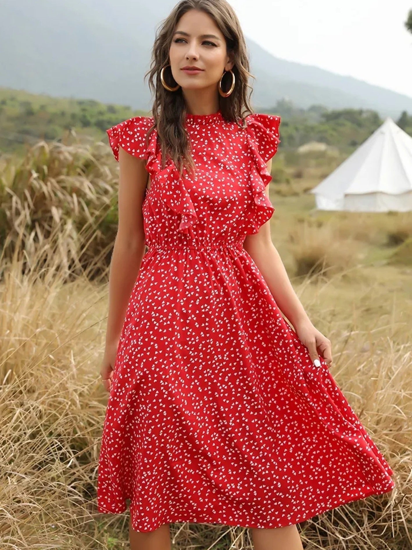 Elegant Floral Print Ruffle A-line Midi Chiffon Sun Dress