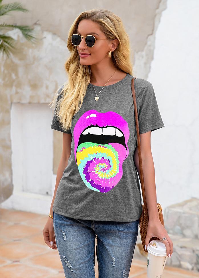 Lip Printed Round Neck Short Sleeve T-shirt