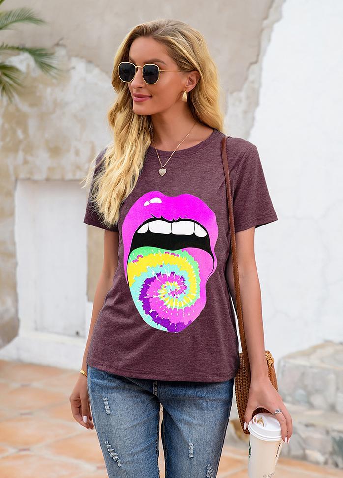 Lip Printed Round Neck Short Sleeve T-shirt
