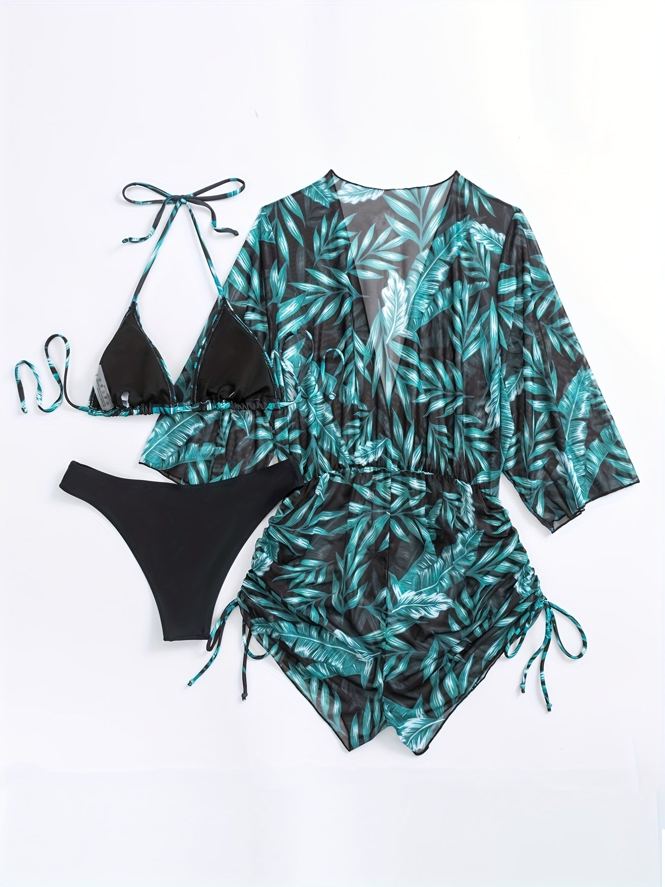 3-piece Leaf Plant Print Triangle Halter Neck Bikini Sets