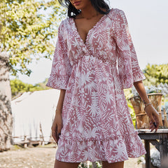 Casual V-Neck 3/4 Sleeve Printed Mini Dress