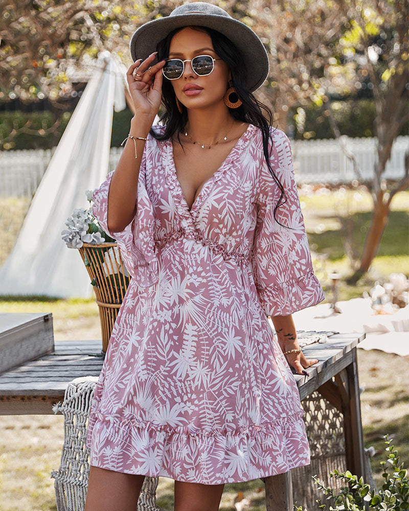 Casual V-Neck 3/4 Sleeve Printed Mini Dress