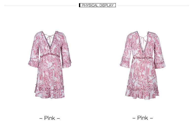 Casual V-Neck 3/4 Sleeve Printed Mini Dress