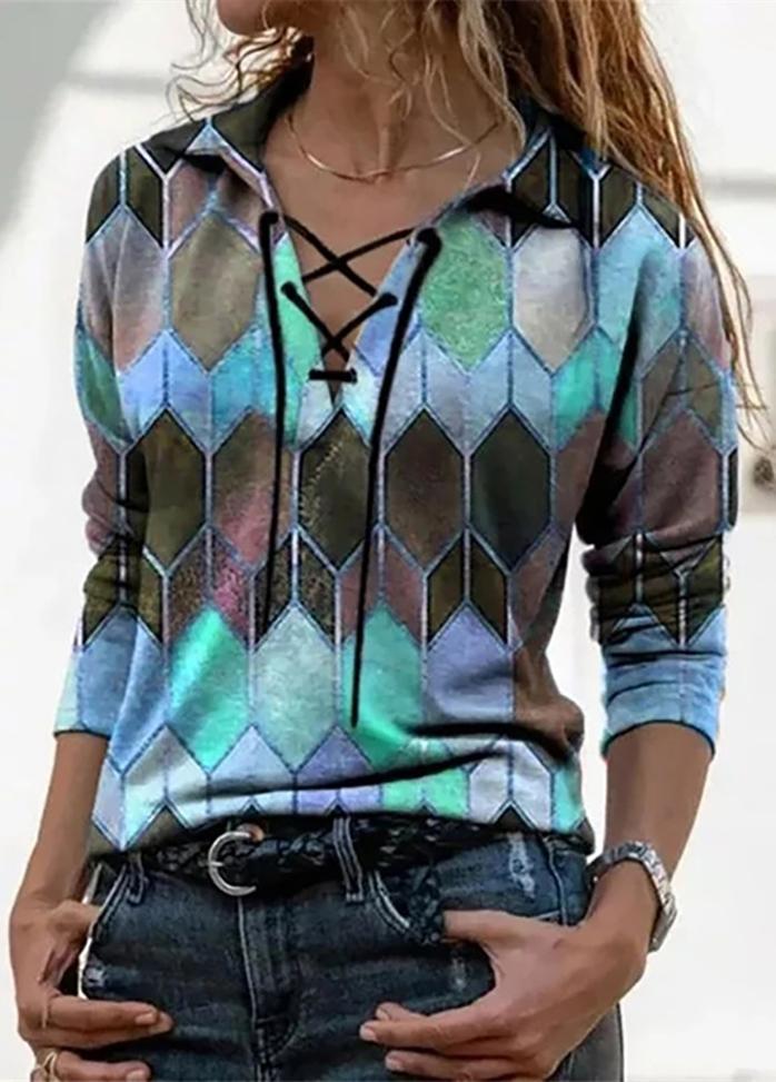Long Sleeve Drawstring V Neck Printed T-shirt