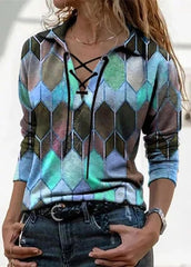 Long Sleeve Drawstring V Neck Printed T-shirt