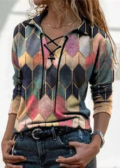 Long Sleeve Drawstring V Neck Printed T-shirt