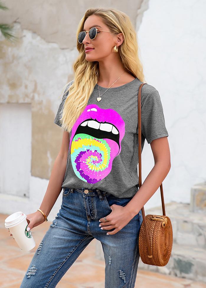 Lip Printed Round Neck Short Sleeve T-shirt