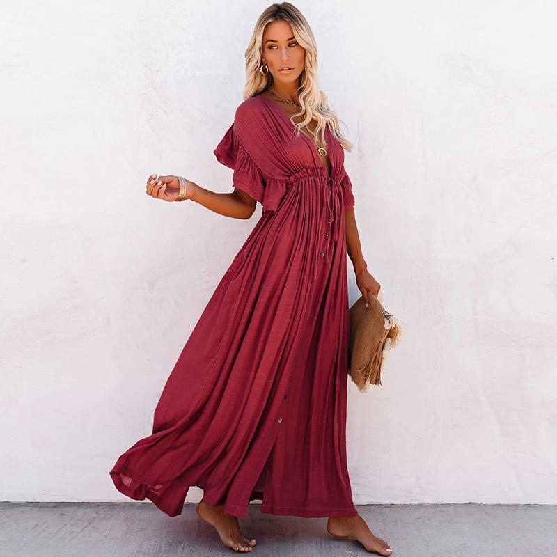 Short Sleeve Deep V Neck Button Down Maxi Dress