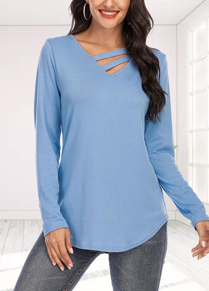 Long Sleeve Solid Color V Neck T-shirt