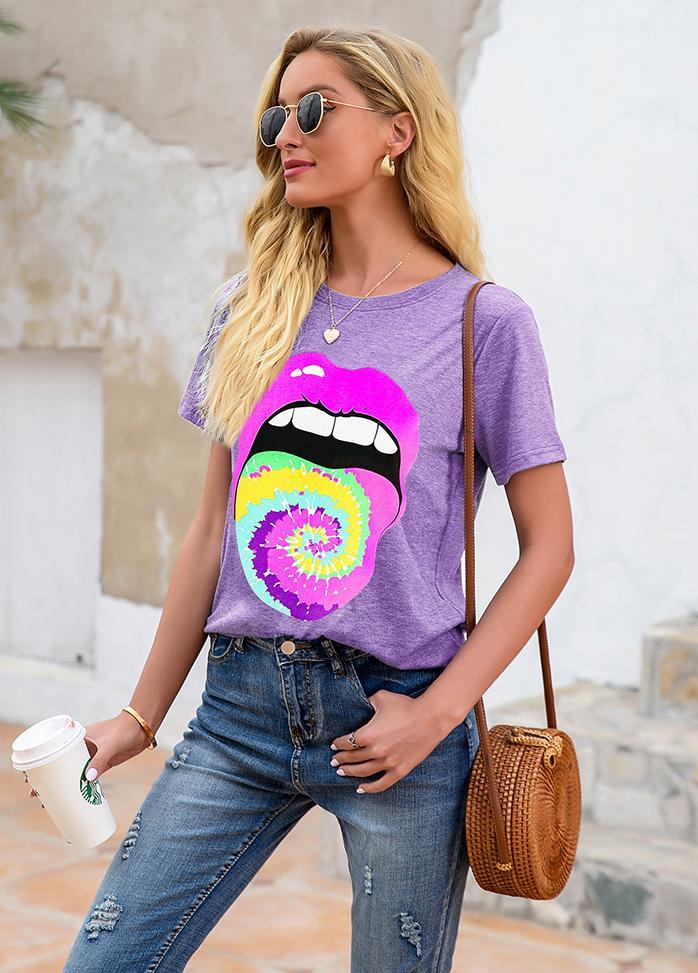 Lip Printed Round Neck Short Sleeve T-shirt