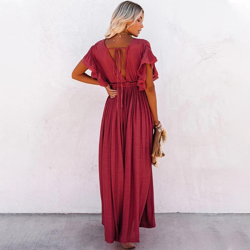 Short Sleeve Deep V Neck Button Down Maxi Dress