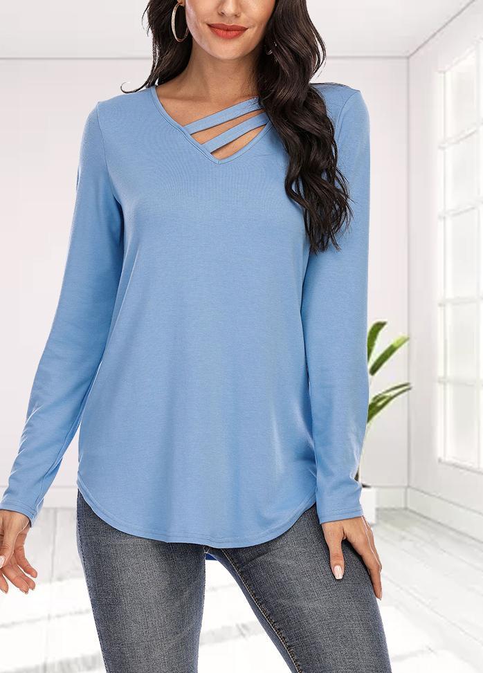 Long Sleeve Solid Color V Neck T-shirt
