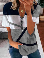 Summer New Temperament Commuter Women Zipper V-neck Geometric Pattern Printing Loose Comfortable Casual Short-sleeved T-shirt Urban Wind Tops