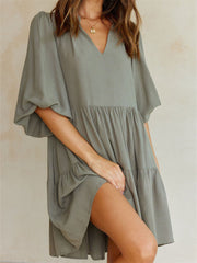 Spring and Summer V-neck Short-sleeved Temperament Casual Style A-line Dress Army Green S M L XL