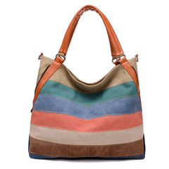 Women's Canvas Color Striped Fashion Retro Large Shoulder Tote Bags