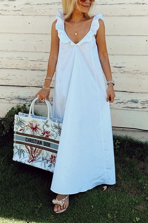 Solid Ruffles V Neck Maxi Dress