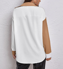 Buton Down Collar Long Sleeve Color Block Shirt Top