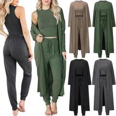 3 Piece Crop Top Long Pants Cardigan Loungewear Set