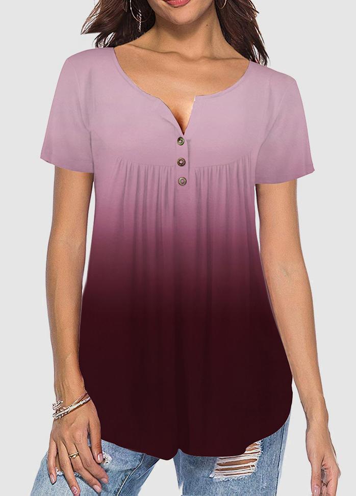 Button Gradient V Neck Short Sleeve T-shirt