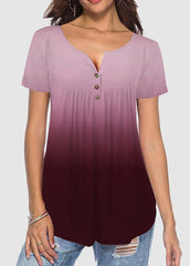 Button Gradient V Neck Short Sleeve T-shirt