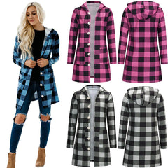 Long Sleeve Button Down Tartan Plaid Hoodie Front Pockets