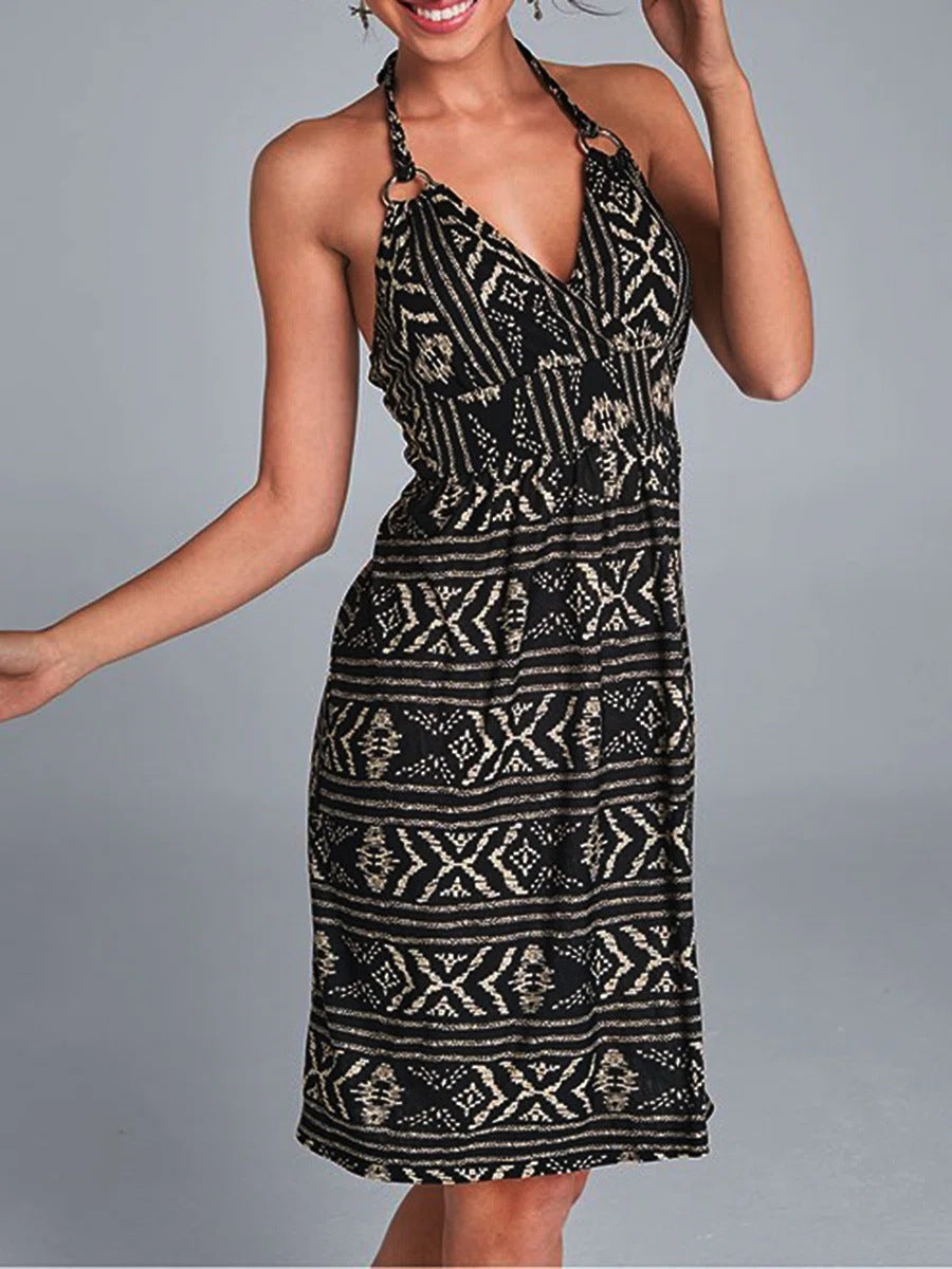 Casual V Neck Strappy Neck Tie Sleeveless Mini Dress