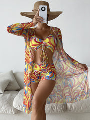 Three Piece Drawstring Printed Bikini High Waisted Short and Long Sleeve Cover Up Swimwear Set