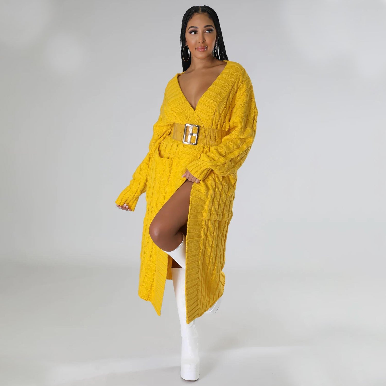 Elegant Solid Long Sleeve Knitted Long Cardigan