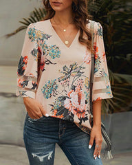 Floral Print V Neck Blouse (3 Color