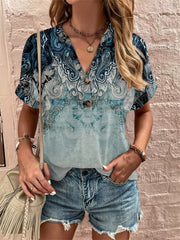 Spring and Summer New Women's Loose Type V-neck Tops Printed Twist Buckle Fashion Short-sleeved Female Sweet and Fresh