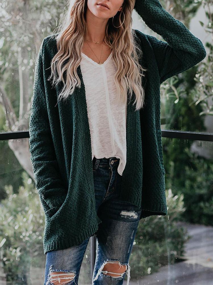 Solid Loose Bat Sleeves Pocket Cardigan