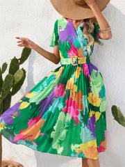 Summer Floral Print Crinkle Short Sleeve Dress V-neck Casual Dress Green Red S-2XL