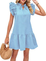 Temperament Elegant Women's New V-neck Lacing Ruffle Sleeve Pleated Princess Dress Pure Color Stretch Wrinkle Fabric Mid-length Dress Dress