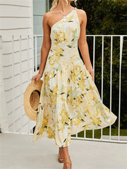 Summer Comfortable Casual Women's Print Sleeveless Personality Sloping Shoulder Swing High Waist Long Dress Dress