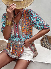 Tassel V-neck Print Casual Resort Style Tops Ladies Short Sleeve Blue Purple S M L XL