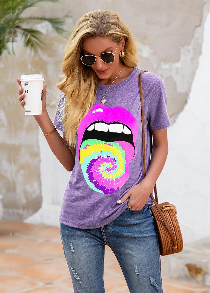 Lip Printed Round Neck Short Sleeve T-shirt