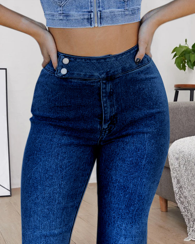 90s Vintage Obliques Button High Waist Flare Jeans