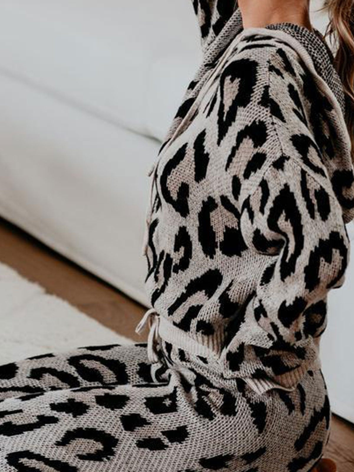 Black Casual Hooded Leopard Two Piece Outfits