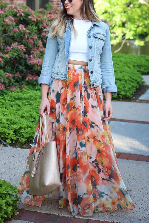 Floral Print Chiffon Maxi Skirts