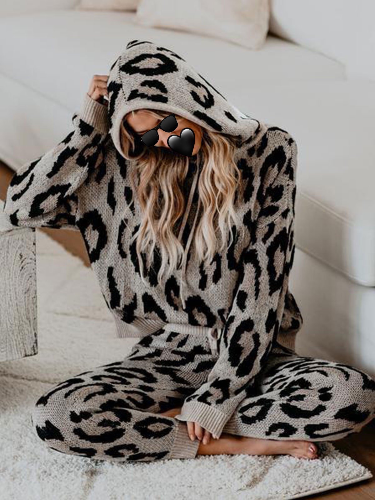 Black Casual Hooded Leopard Two Piece Outfits
