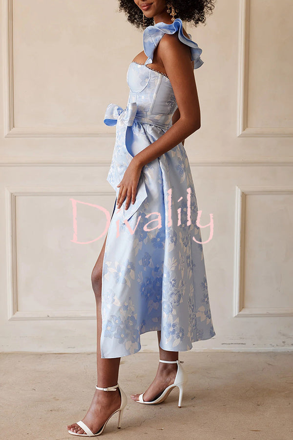 Floral Print Bow High Waist Pocket Midi Dress
