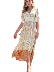 Sweet and Fresh Women's Fashion Lace Lace V-neck Short-sleeved Bohemian Floral A-line Dress Dresses Tied Vacation Beach Dresses Summer