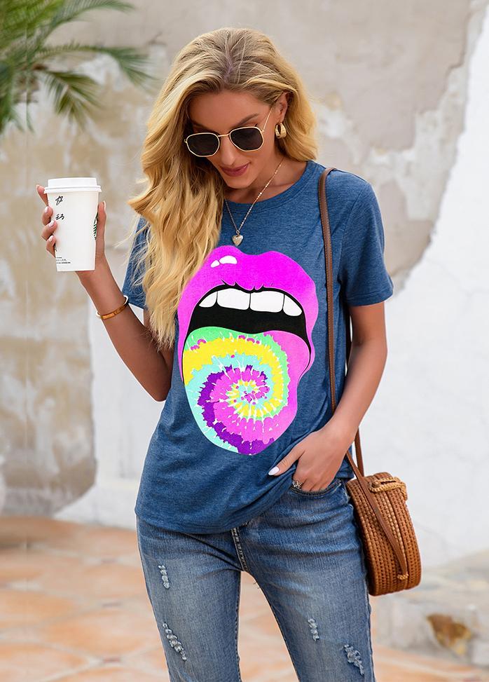 Lip Printed Round Neck Short Sleeve T-shirt