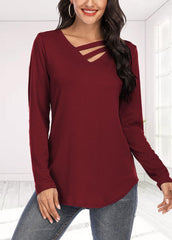 Long Sleeve Solid Color V Neck T-shirt