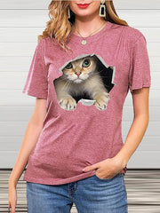 Crew Neck Short Sleeve Cat Print T-Shirt