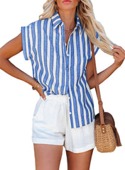 Button Down Collar Cap Sleeve Blouse Shirt