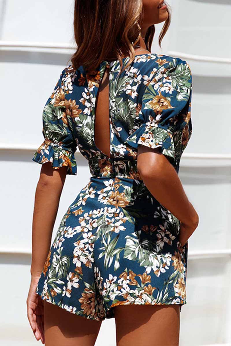 Bohemian Deep V Neck Printed Rompers