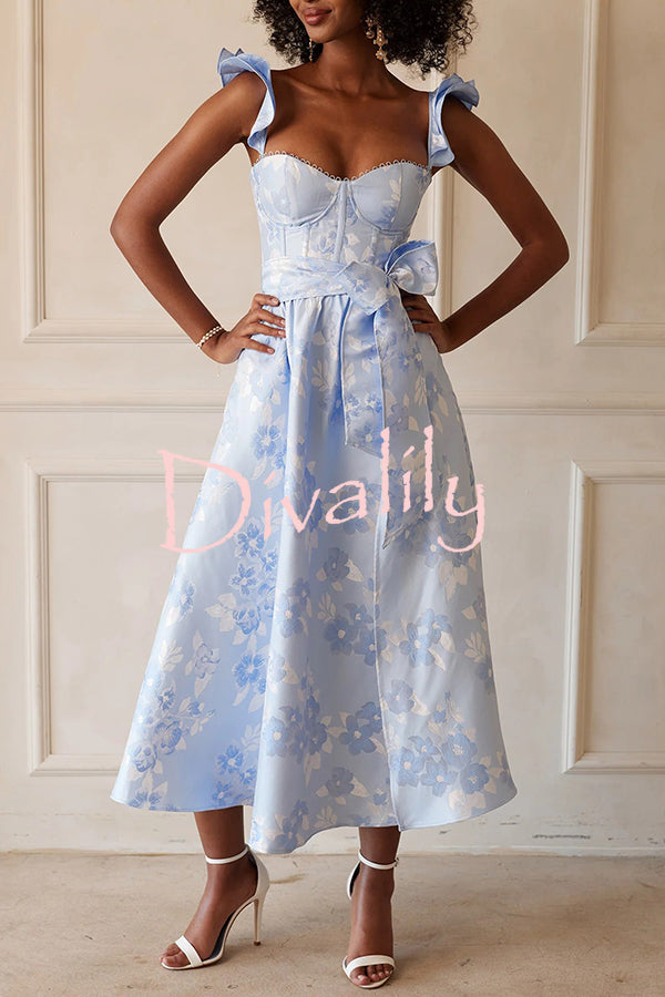Floral Print Bow High Waist Pocket Midi Dress
