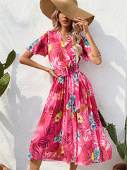 Summer Floral Print Crinkle Short Sleeve Dress V-neck Casual Dress Green Red S-2XL